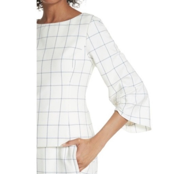 Tibi Ruched Sleeve blue Grid Pattern Blouse size 4 - Picture 2 of 7